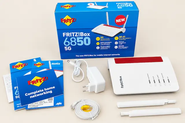 Inhalt der Originalverpackung: 1. die FRITZ!Box 6850 5G, 2. das Netzteil, 3. zwei Antennen, 4. ein LAN-Kabel, 5. die Kurzanleitung.